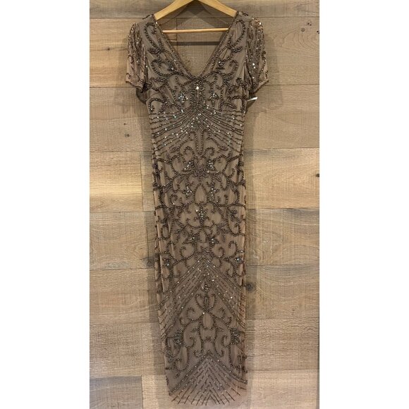 PISARRO NIGHTS Beaded Mesh Column Gown In Oyster size 2 - Picture 3 of 8